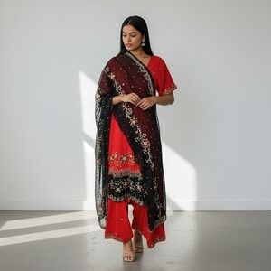 Indian Red Embroidered Kurta Patiala Salwar Dupatta Set Women's Festive Occasion